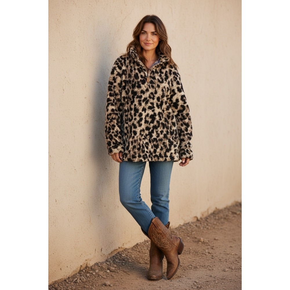 Filly Flair Leopard Print Sherpa Fleece Quarter Zip Pullover XXL Women's